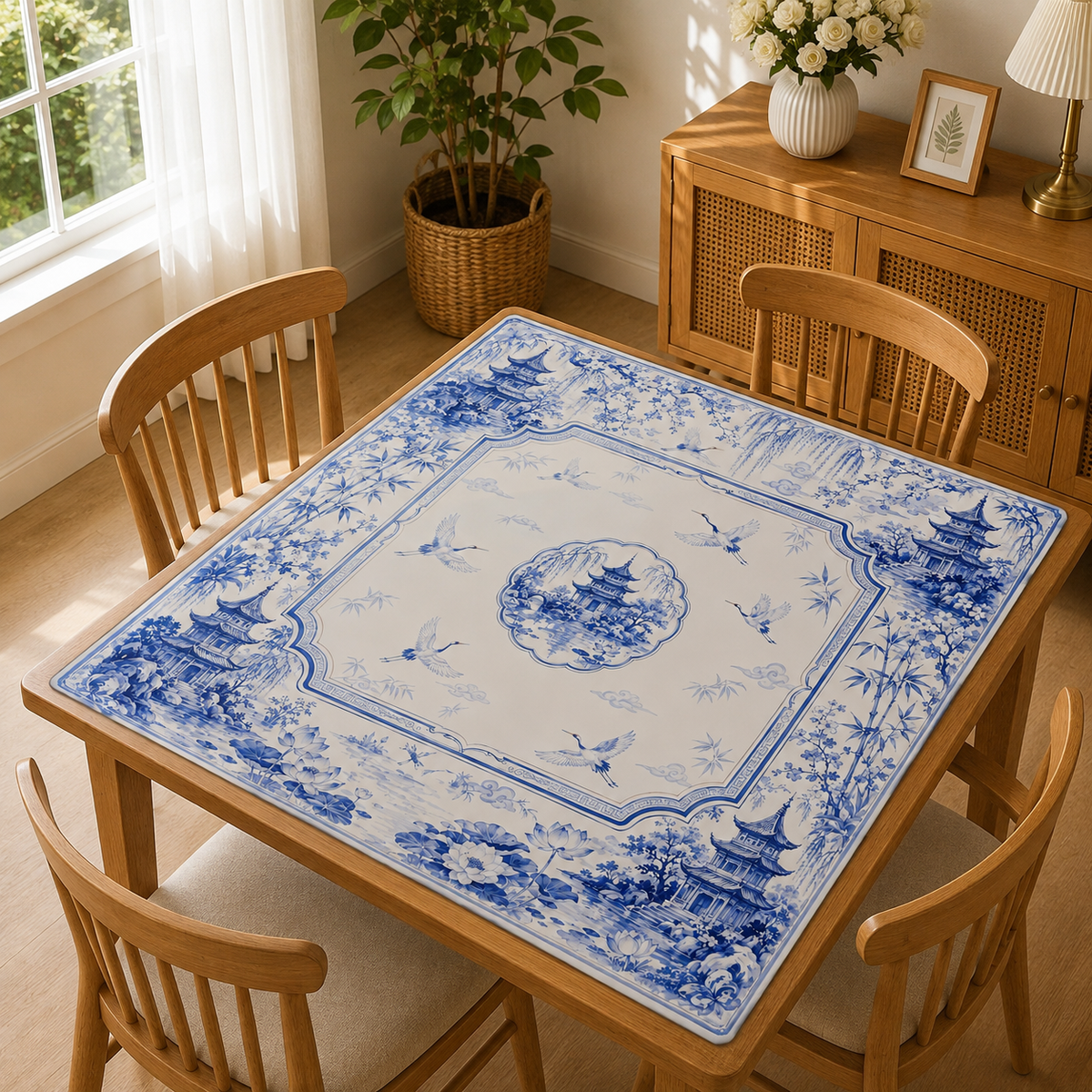Blue Pagoda Garden Mahjong Mat, Chinoiserie Crane Lotus Game Mat, Custom Monogram Mahjong Mat