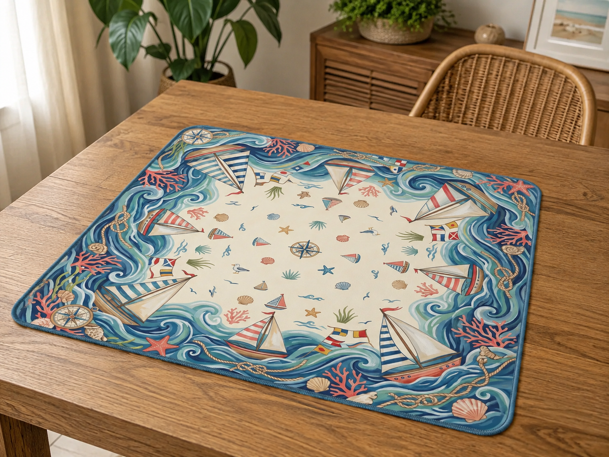 Nautical Sailboat Mahjong Mat, Coastal Ocean Game Mat, Custom Monogram Mahjong Mat, Seaside