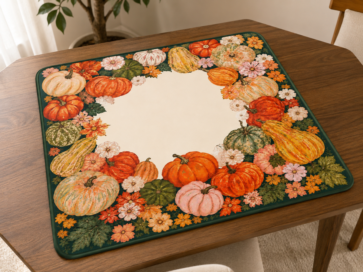 Autumn Harvest Mahjong Mat, Festive Fall Pumpkin Mah Jongg Table Cover, Floral Hostess Mahj Gift
