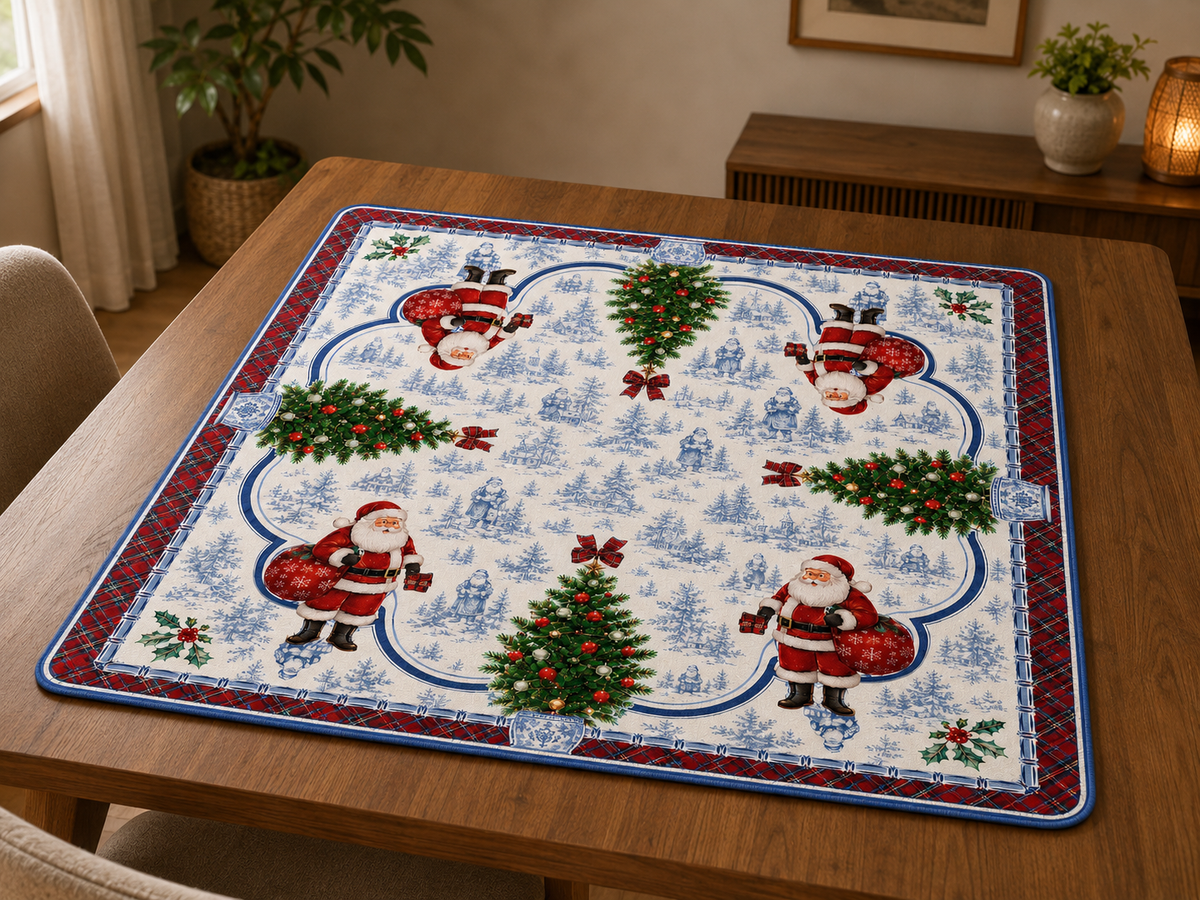 Chinoiserie Christmas Santa Mahjong Mat, Luxury Blue White Festive Tartan Game Mat, Non-Slip Table Protect Cover