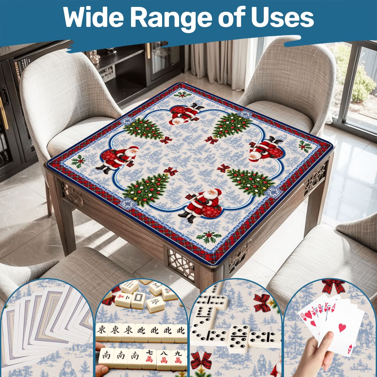 Christmas Santa Mahjong Mat, Luxury Blue White Festive Tartan Game Mat, Non-Slip Table Protect Cover