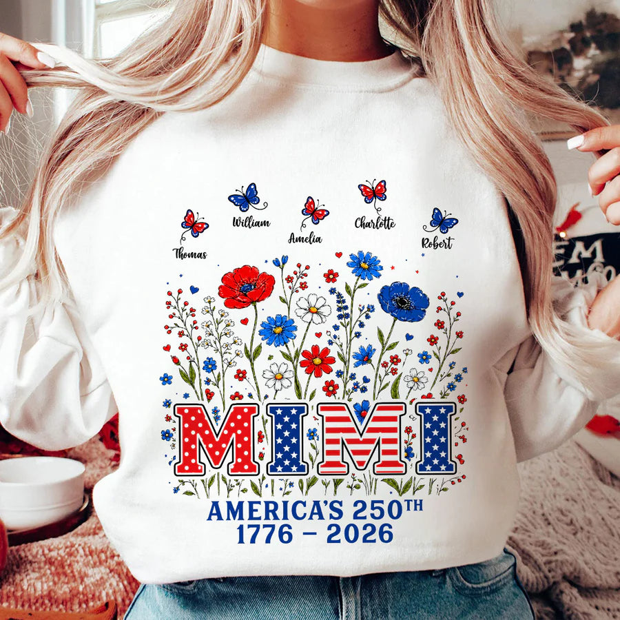 Proud Mom Grandma Nation Flag Flowers American 250th Anniversary - Personalized Shirt - Gift For Mom, Grandma