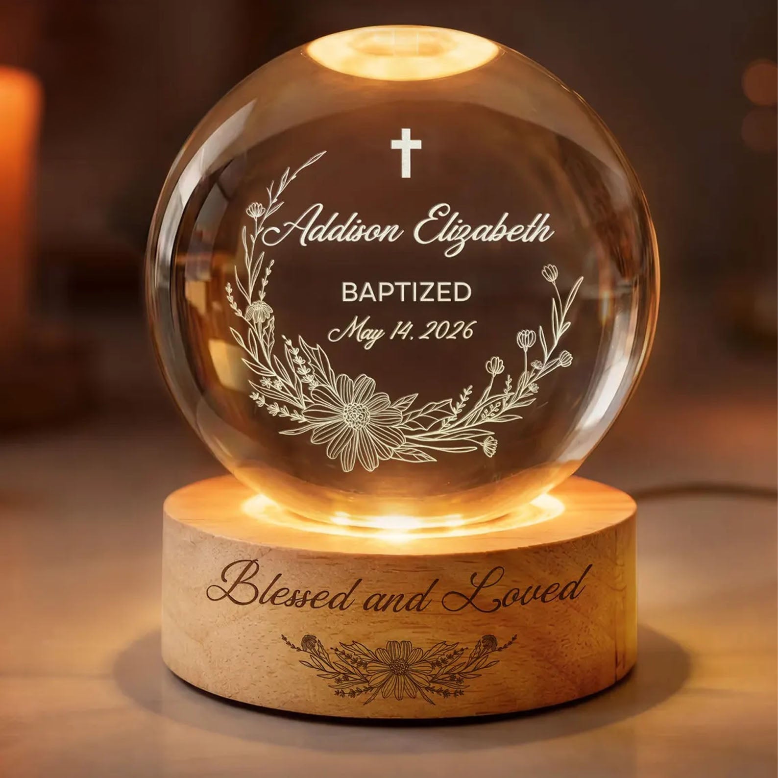 Personalized Baptism Crystal Ball LED Night Light, Christening Baptism Night Lamp