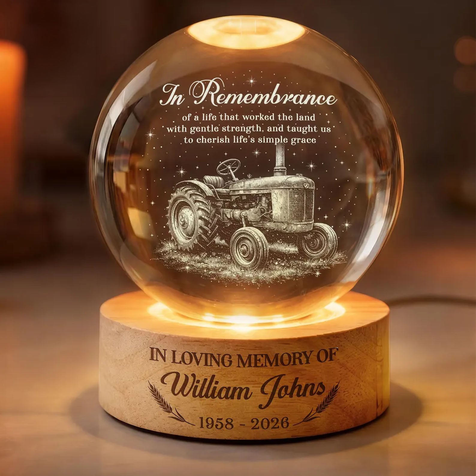 Personalized Farmer Memorial Crystal Ball Night Light, Farmer Memorial Gift, Sympathy Gift