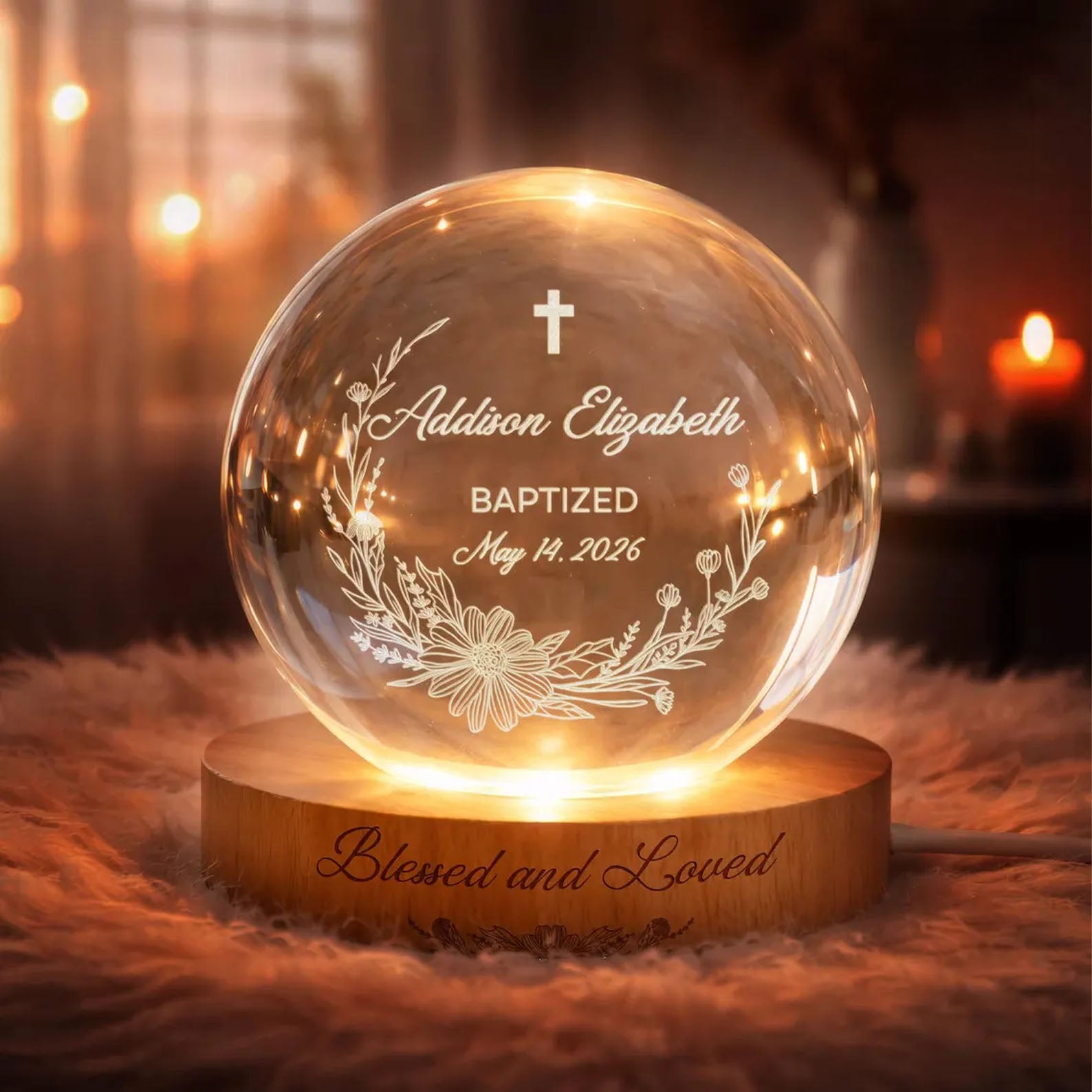 Personalized Baptism Crystal Ball LED Night Light, Christening Baptism Night Lamp