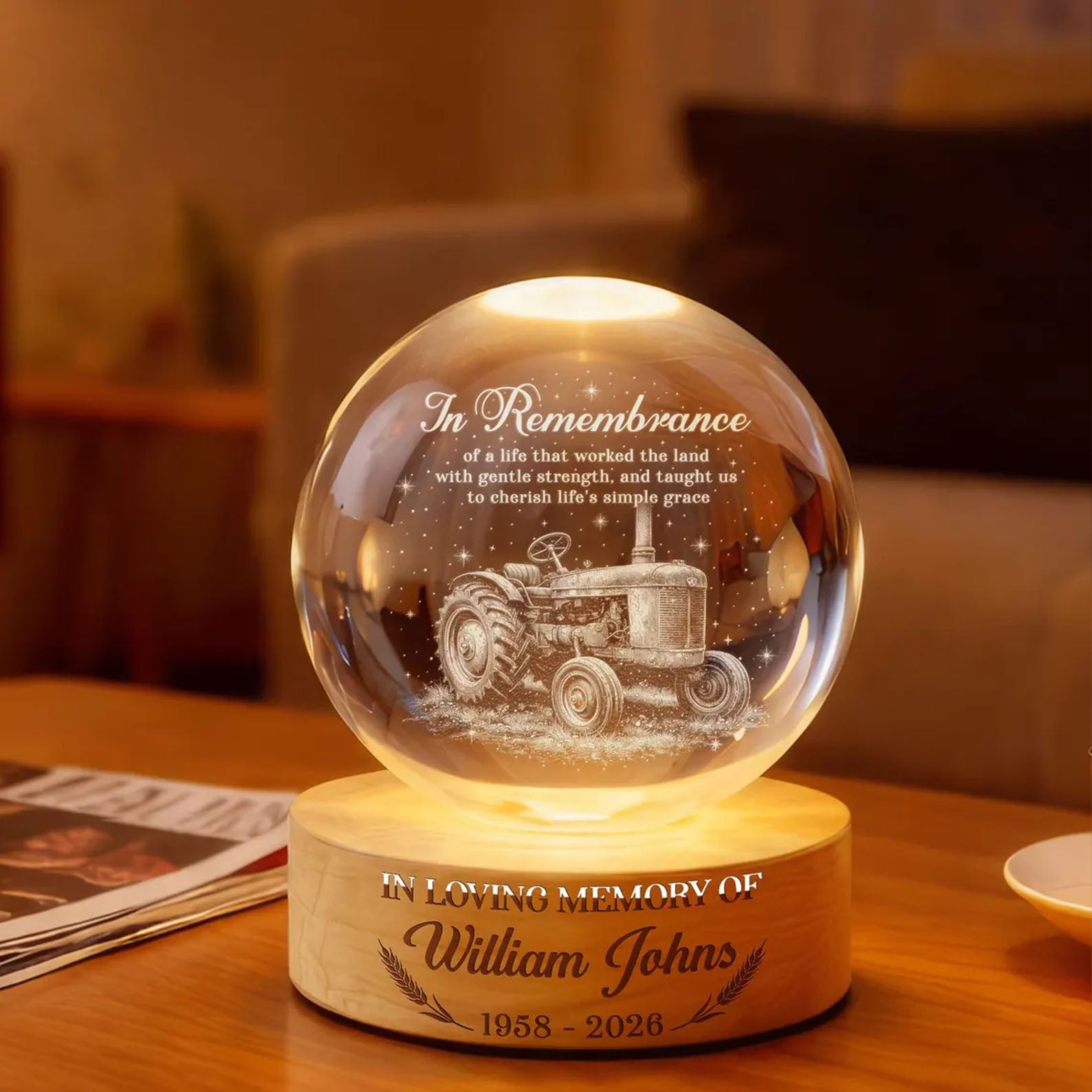 Personalized Farmer Memorial Crystal Ball Night Light, Farmer Memorial Gift, Sympathy Gift