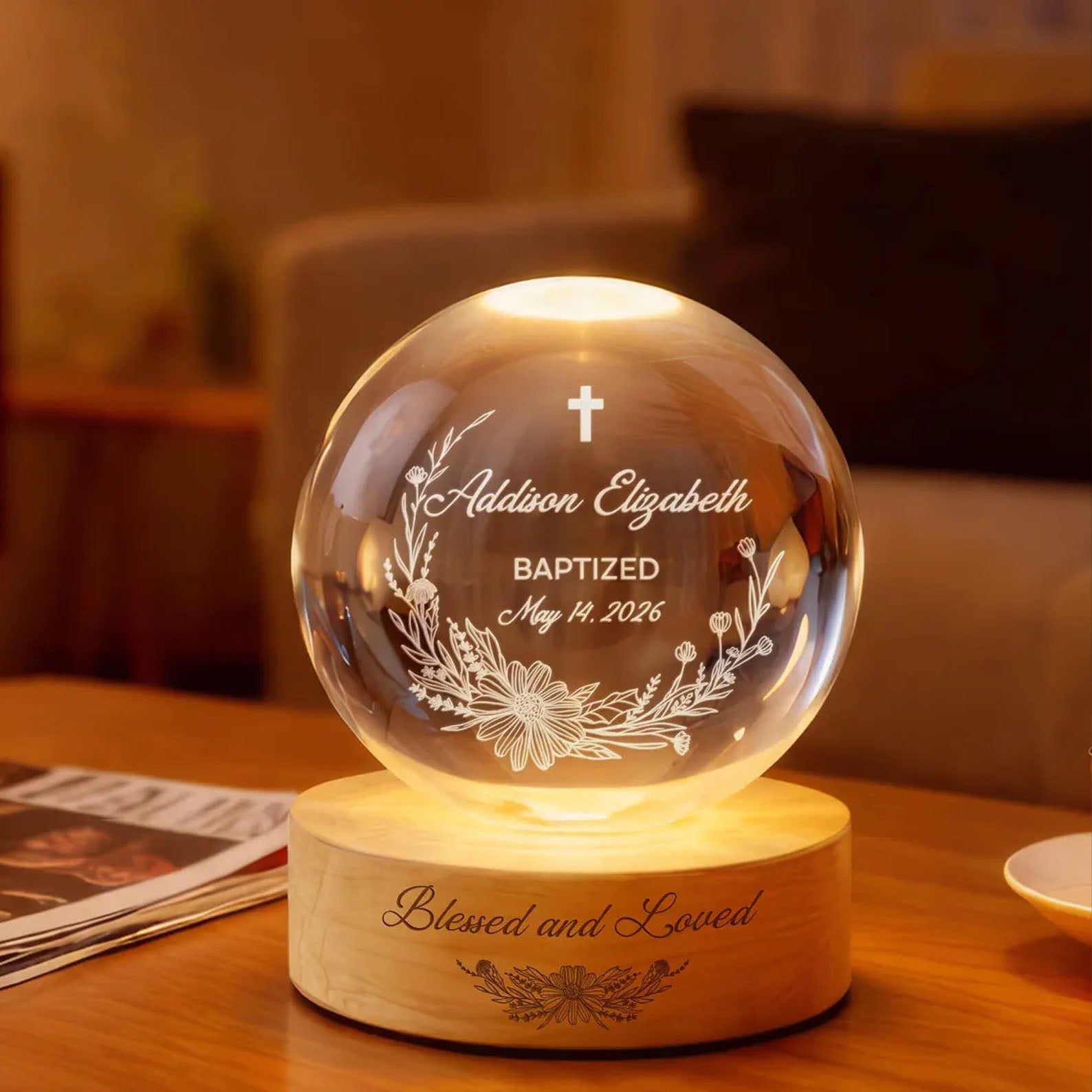 Personalized Baptism Crystal Ball LED Night Light, Christening Baptism Night Lamp
