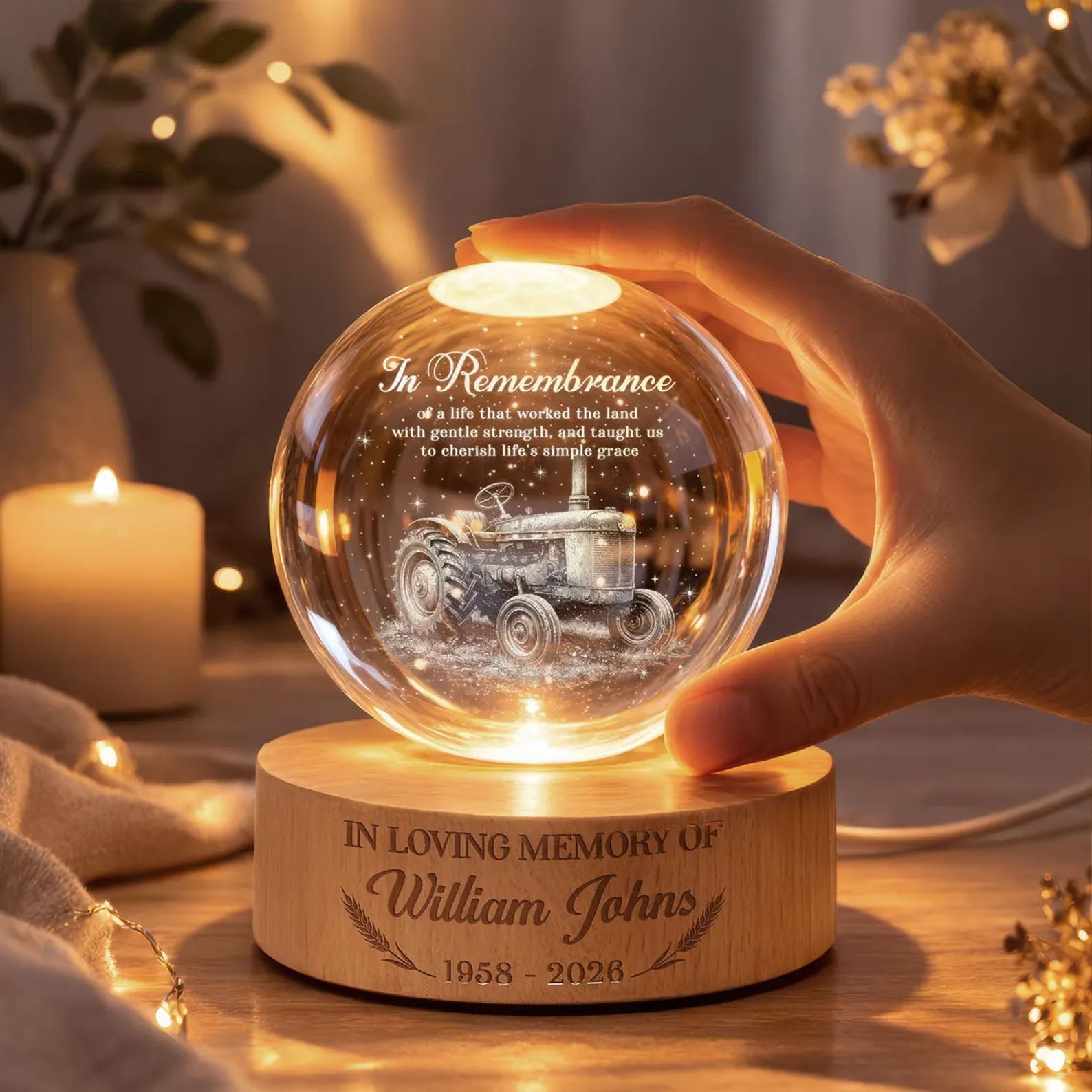 Personalized Farmer Memorial Crystal Ball Night Light, Farmer Memorial Gift, Sympathy Gift