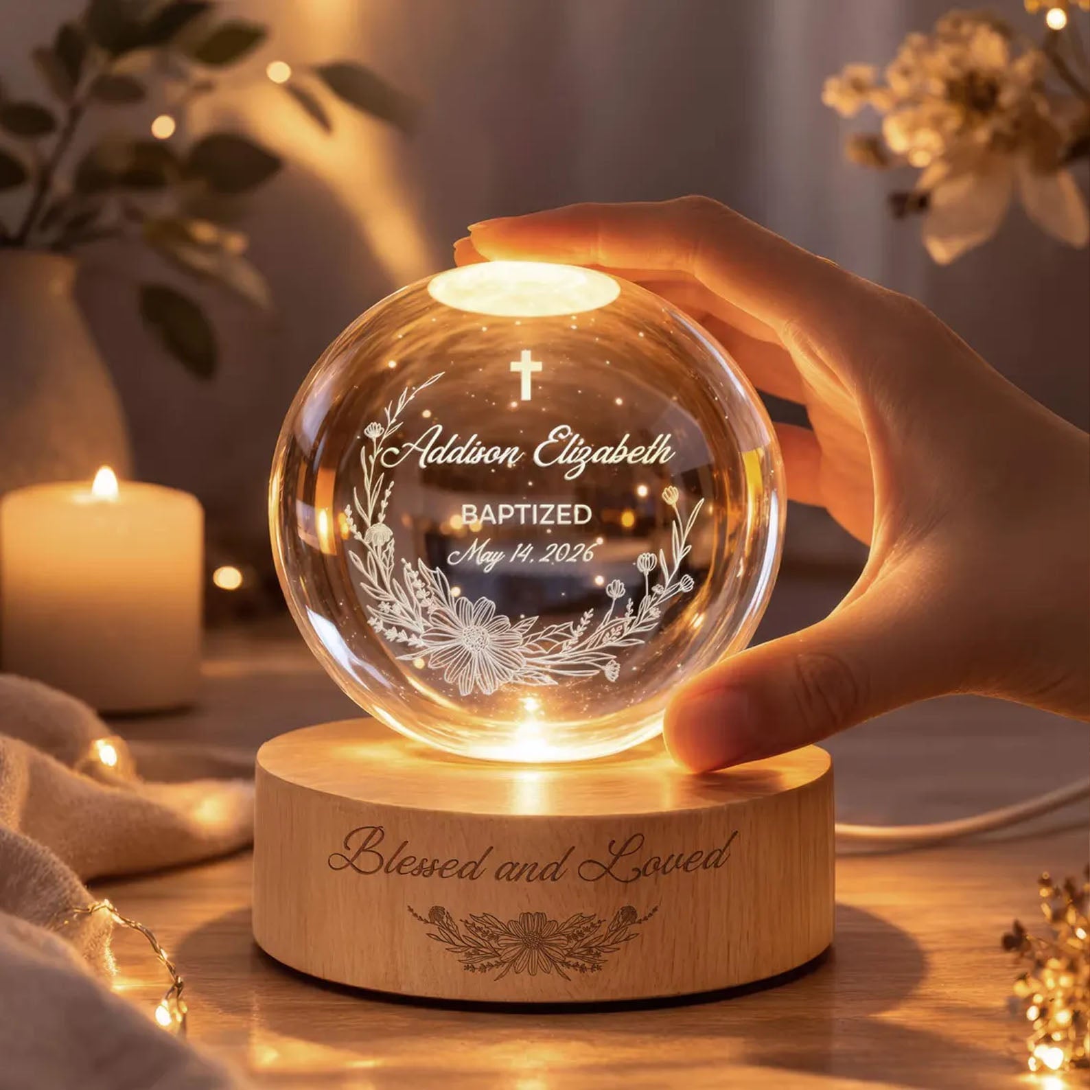 Personalized Baptism Crystal Ball LED Night Light, Christening Baptism Night Lamp