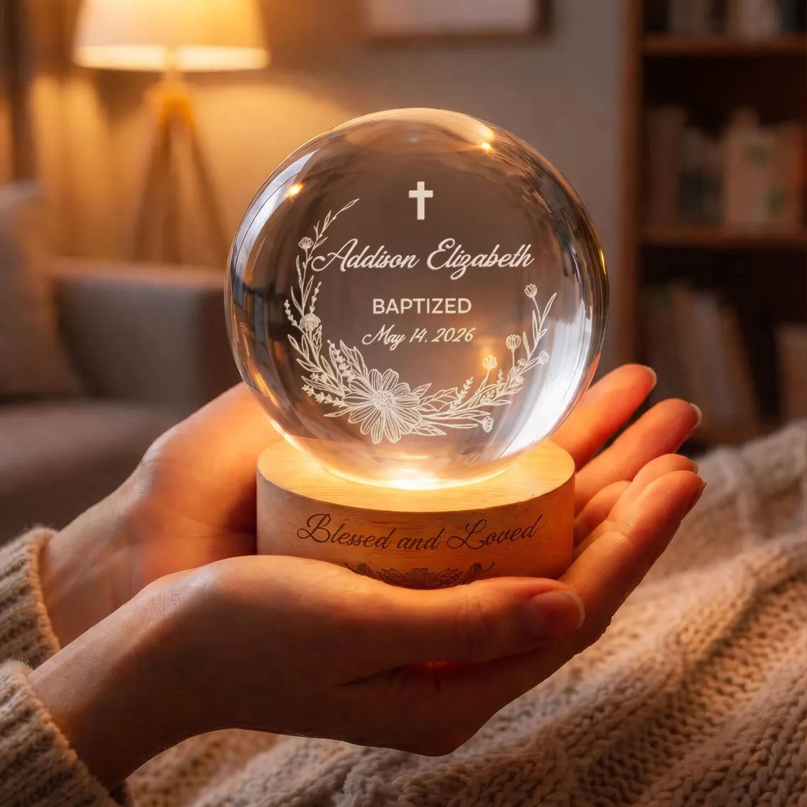 Personalized Baptism Crystal Ball LED Night Light, Christening Baptism Night Lamp