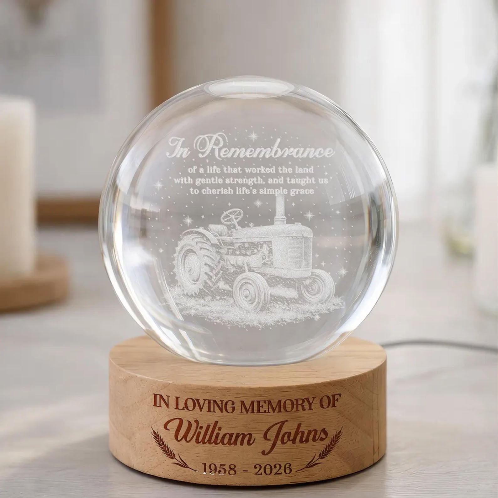 Personalized Farmer Memorial Crystal Ball Night Light, Farmer Memorial Gift, Sympathy Gift