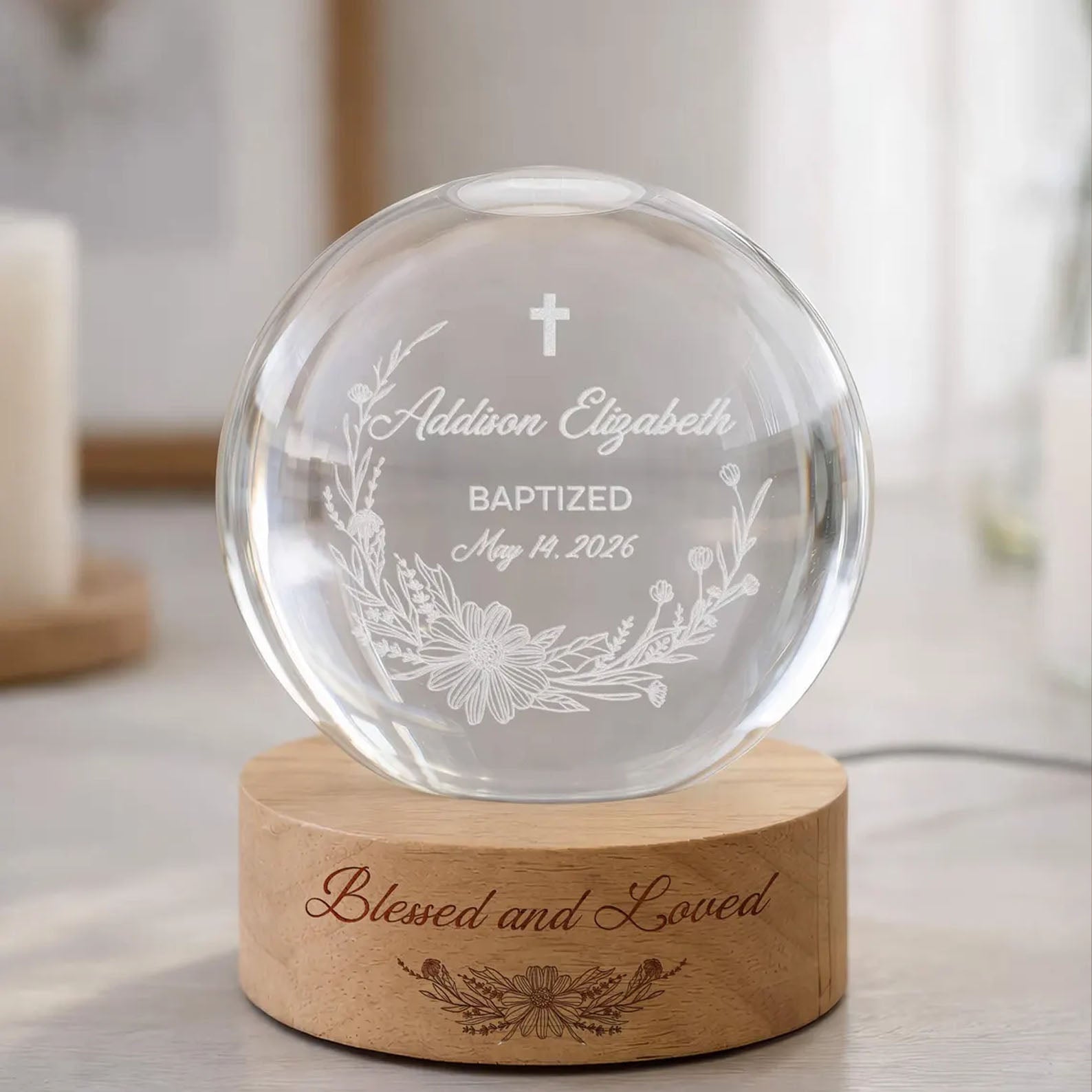 Personalized Baptism Crystal Ball LED Night Light, Christening Baptism Night Lamp