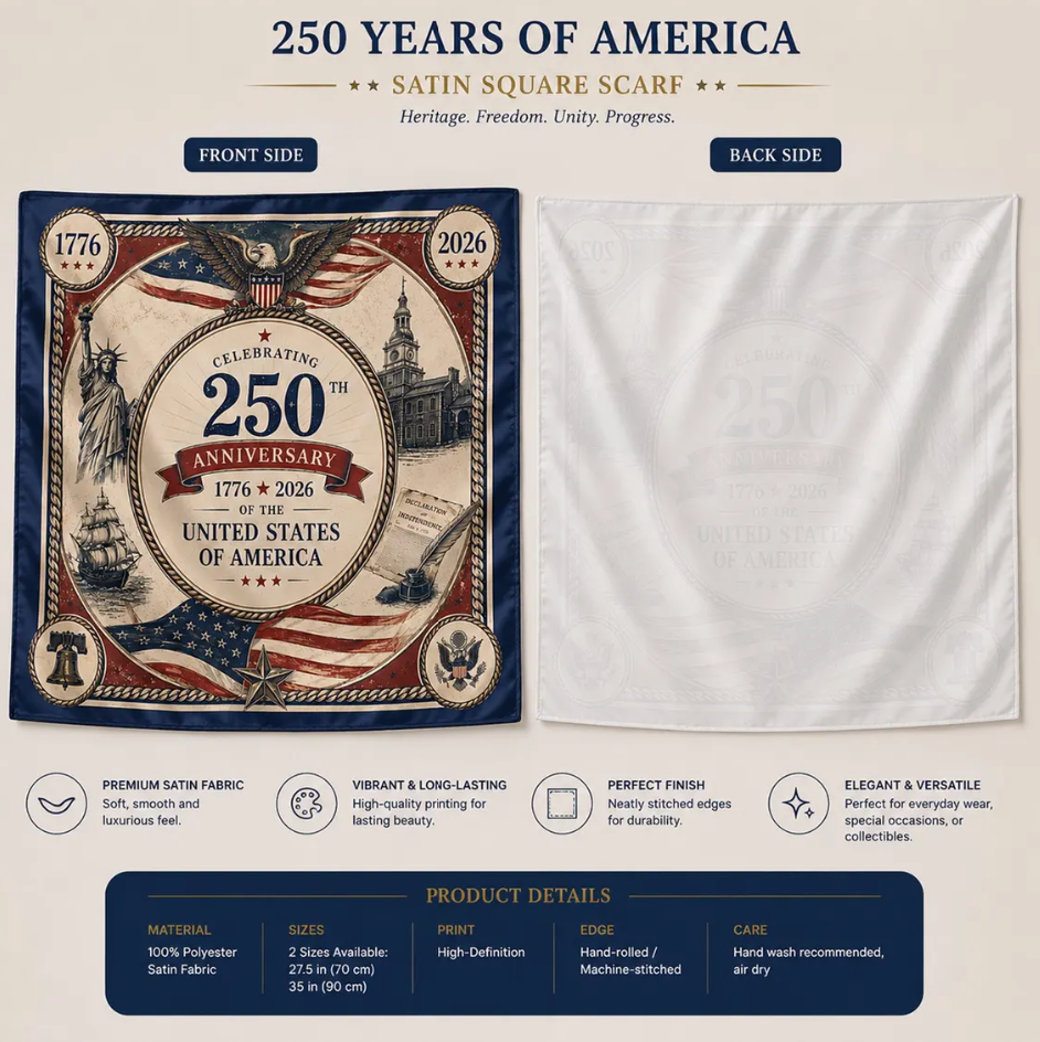 America 250 Anniversary Satin Scarf, Patriotic USA Silk Feel Scarf, 1776 2026 Americana Head Scarf