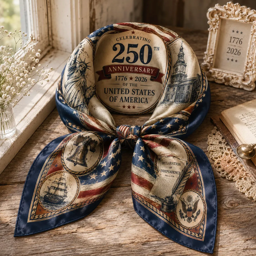 America 250 Anniversary Satin Scarf, Patriotic USA Silk Feel Scarf, 1776 2026 Americana Head Scarf