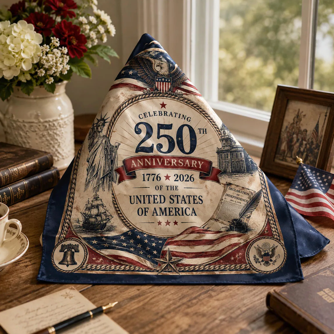America 250 Anniversary Satin Scarf, Patriotic USA Silk Feel Scarf, 1776 2026 Americana Head Scarf