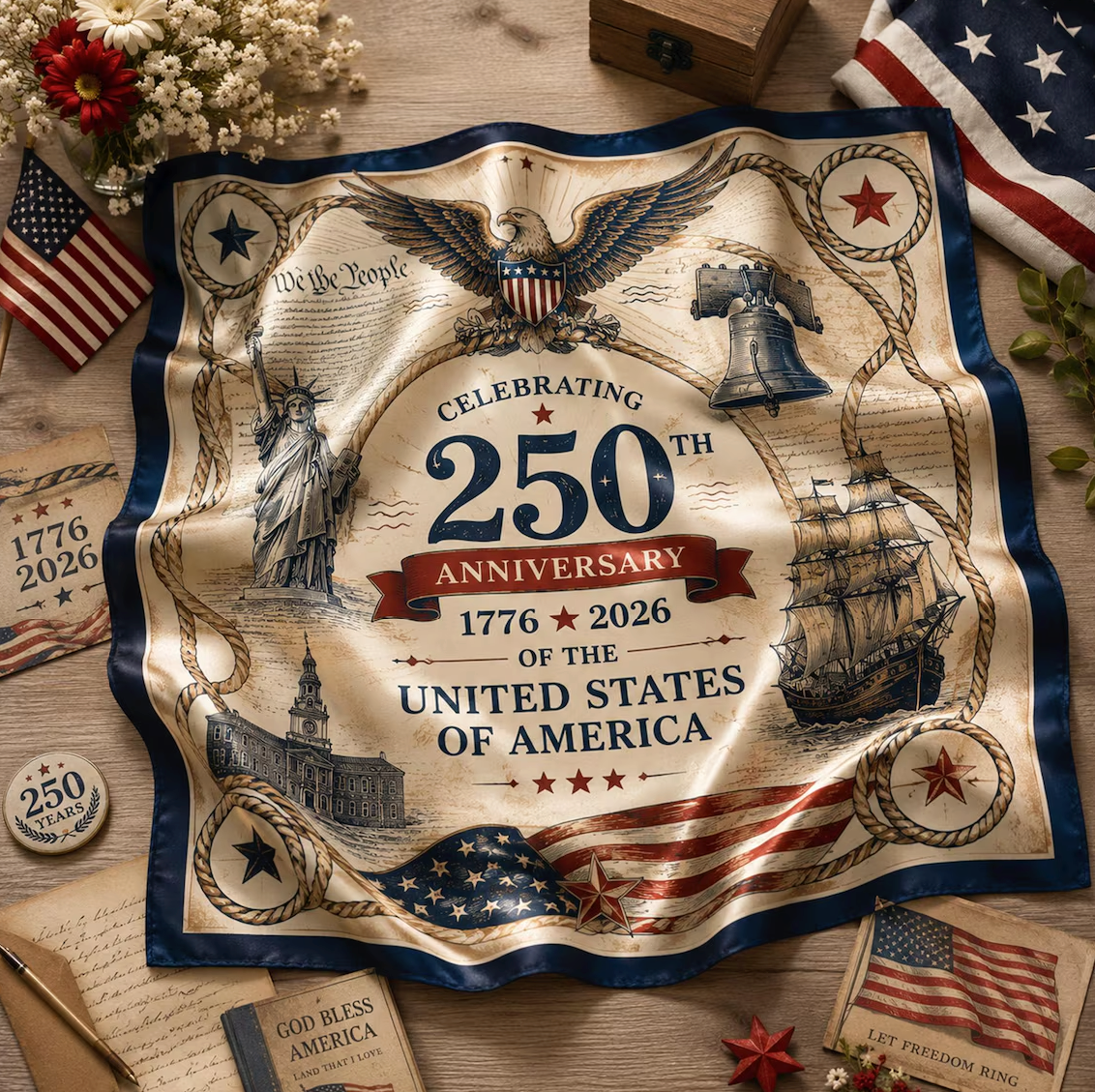America 250 Anniversary Satin Scarf, Patriotic USA Silk Feel Scarf, 1776 2026 Americana Head Scarf