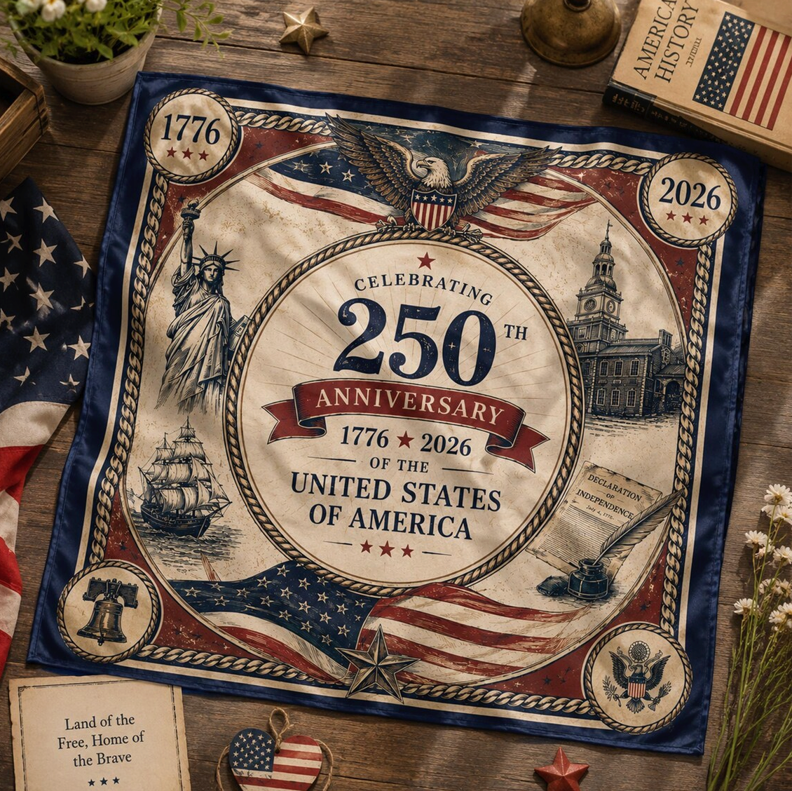 America 250 Anniversary Satin Scarf, Patriotic USA Silk Feel Scarf, 1776 2026 Americana Head Scarf