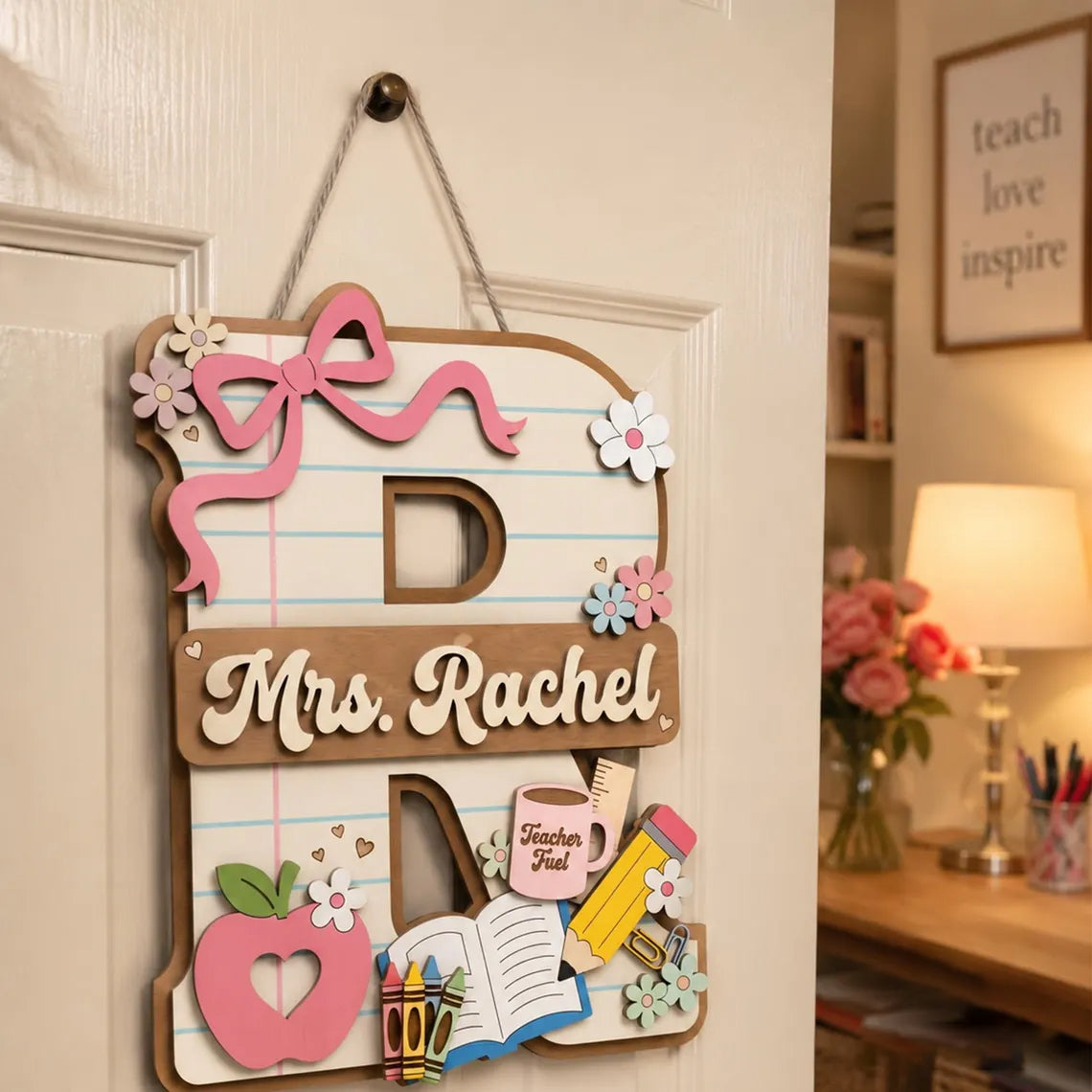 Personalized Teacher Letter Sign, Custom Alphabet Teacher Door Hanger, 2 Layer Wooden Classroom Sign