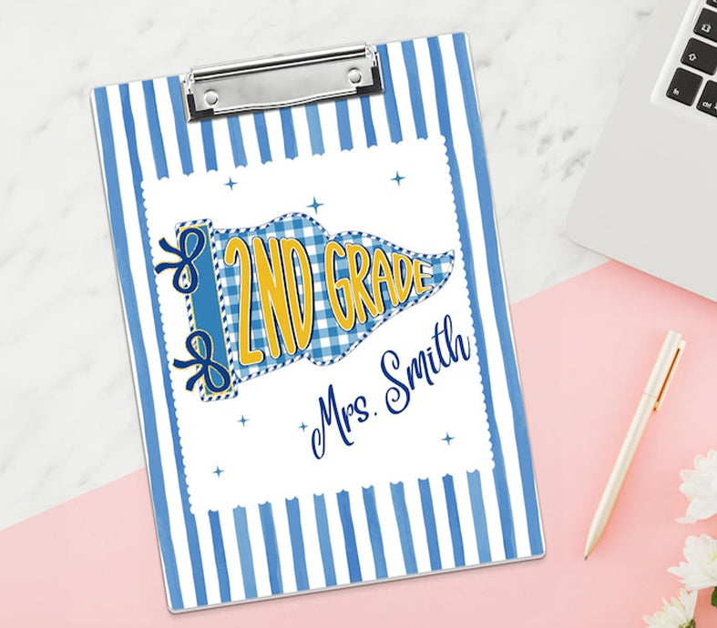 Pennants Flag Teacher Clipboard, Custom Teacher Name Acrylic Paper Clipboard, Striped Back to School