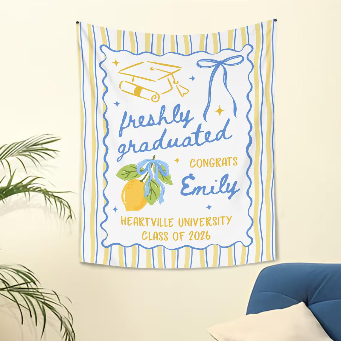 Personalized Freshly Graduated Banner, 2026 Graduation Backdrop, Graduation Party Decorations, Class of 2026 Tapestry, Graduation Party Welcome