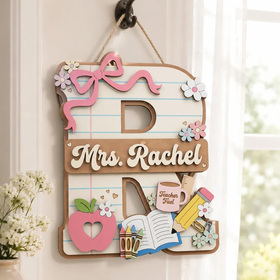Personalized Teacher Letter Sign, Custom Alphabet Teacher Door Hanger, 2 Layer Wooden Classroom Sign