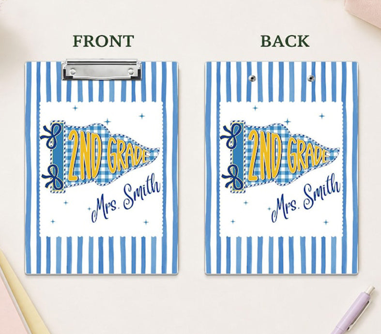 Pennants Flag Teacher Clipboard, Custom Teacher Name Acrylic Paper Clipboard, Striped Back to School
