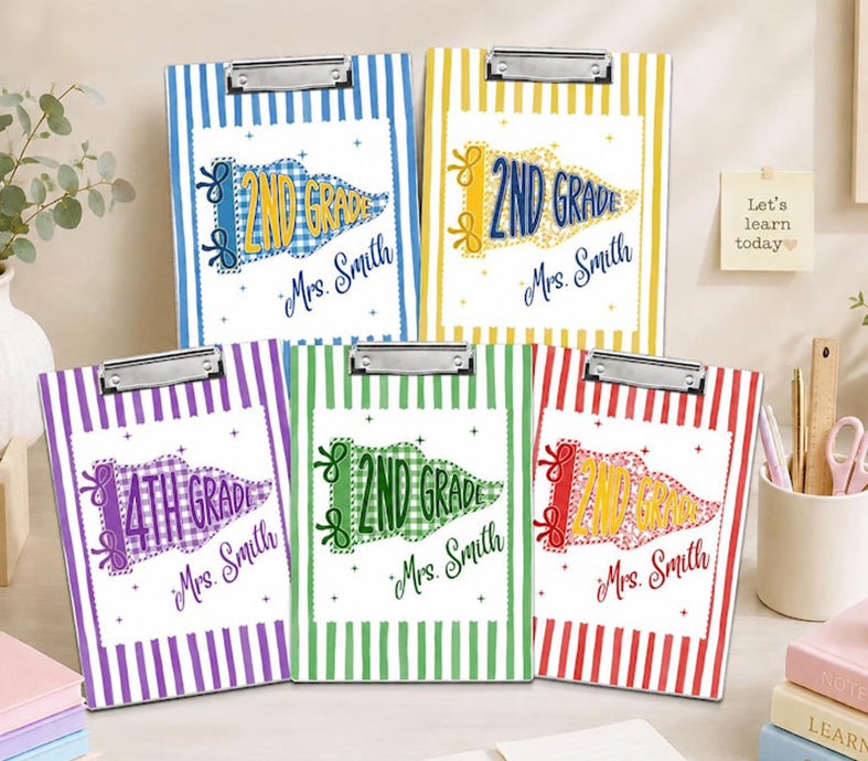 Pennants Flag Teacher Clipboard, Custom Teacher Name Acrylic Paper Clipboard, Striped Back to School