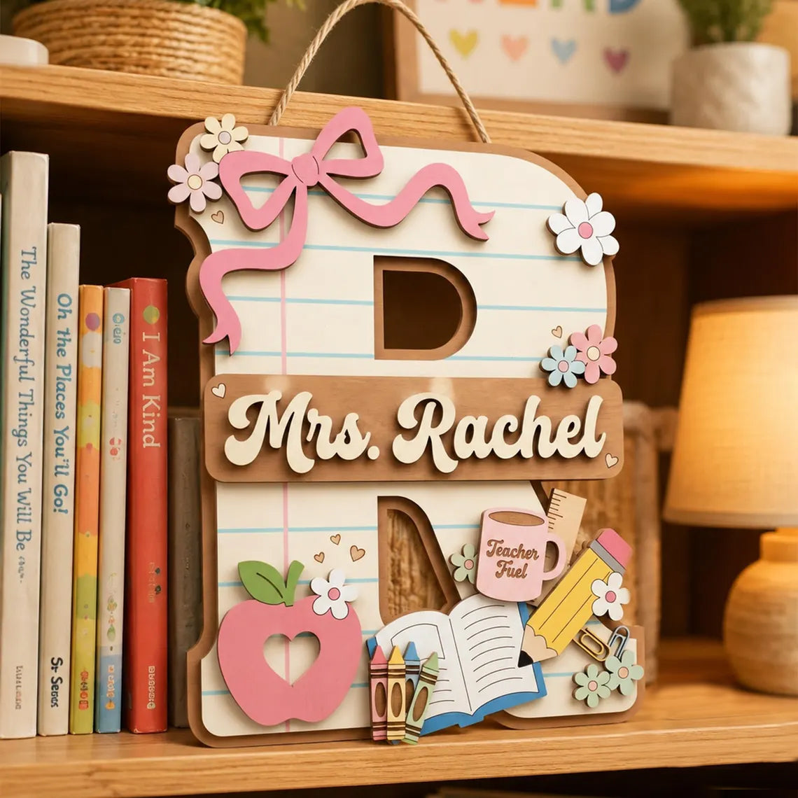 Personalized Teacher Letter Sign, Custom Alphabet Teacher Door Hanger, 2 Layer Wooden Classroom Sign