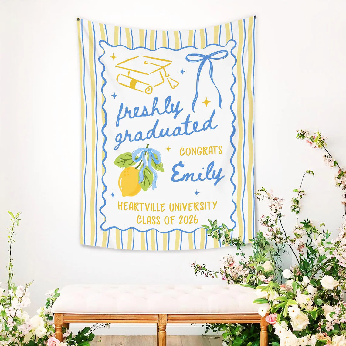 Personalized Freshly Graduated Banner, 2026 Graduation Backdrop, Graduation Party Decorations, Class of 2026 Tapestry, Graduation Party Welcome
