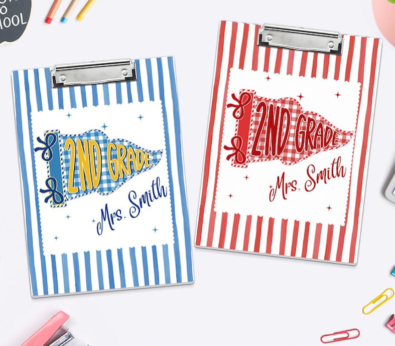 Pennants Flag Teacher Clipboard, Custom Teacher Name Acrylic Paper Clipboard, Striped Back to School