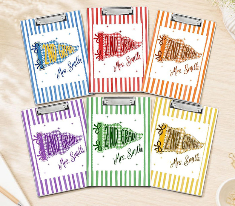 Pennants Flag Teacher Clipboard, Custom Teacher Name Acrylic Paper Clipboard, Striped Back to School