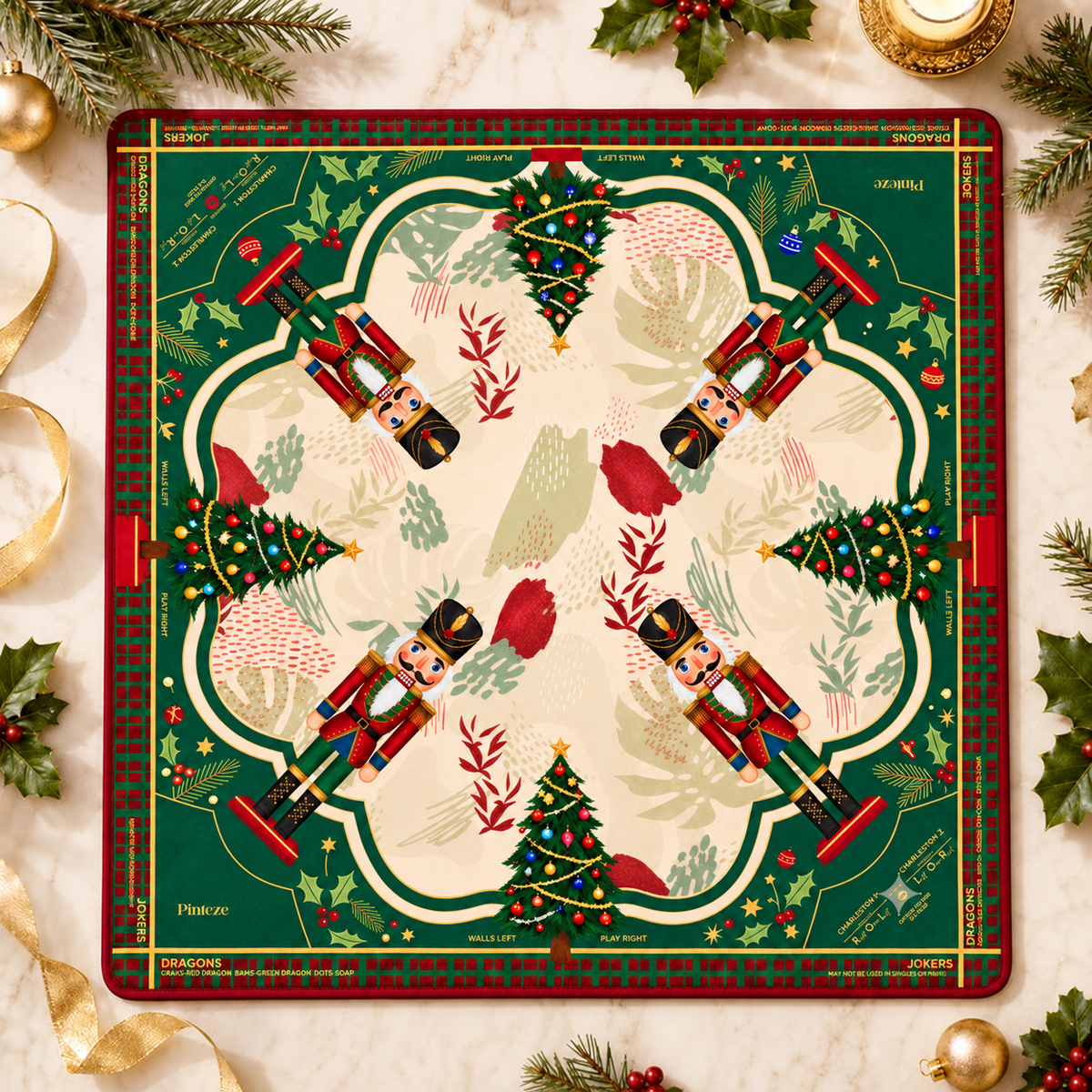 Christmas Nutcracker Mahjong Mat, Red Green Holiday Game Mat, Traditional Christmas Tree Style, Non-slip Table Cover