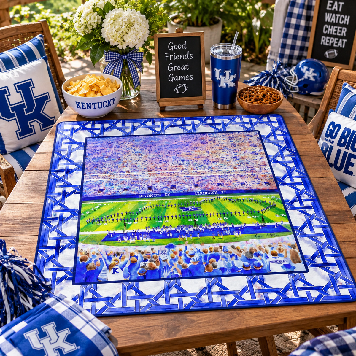 Blue & White Football Stadium Mahjong Mat, Watercolor Game Day Table Cover, American Mahjong Playmat