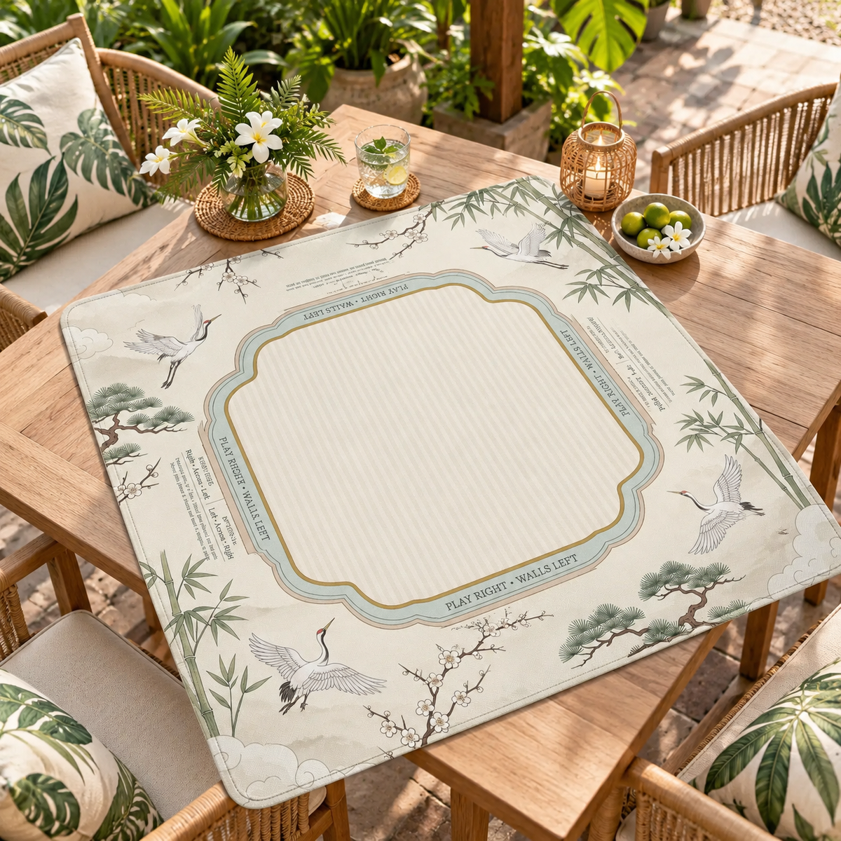 Sage Chinoiserie Mahjong Mat With Rules, American Mahjong Table Mat, Crane Bamboo Game Mat, Charleston Guide
