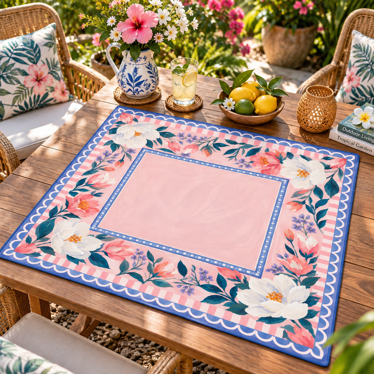 Pink Camellia Mahjong Mat, American Mahjong Mat, Blue Scalloped Floral Garden, Grandmillennial Mahjong Gift