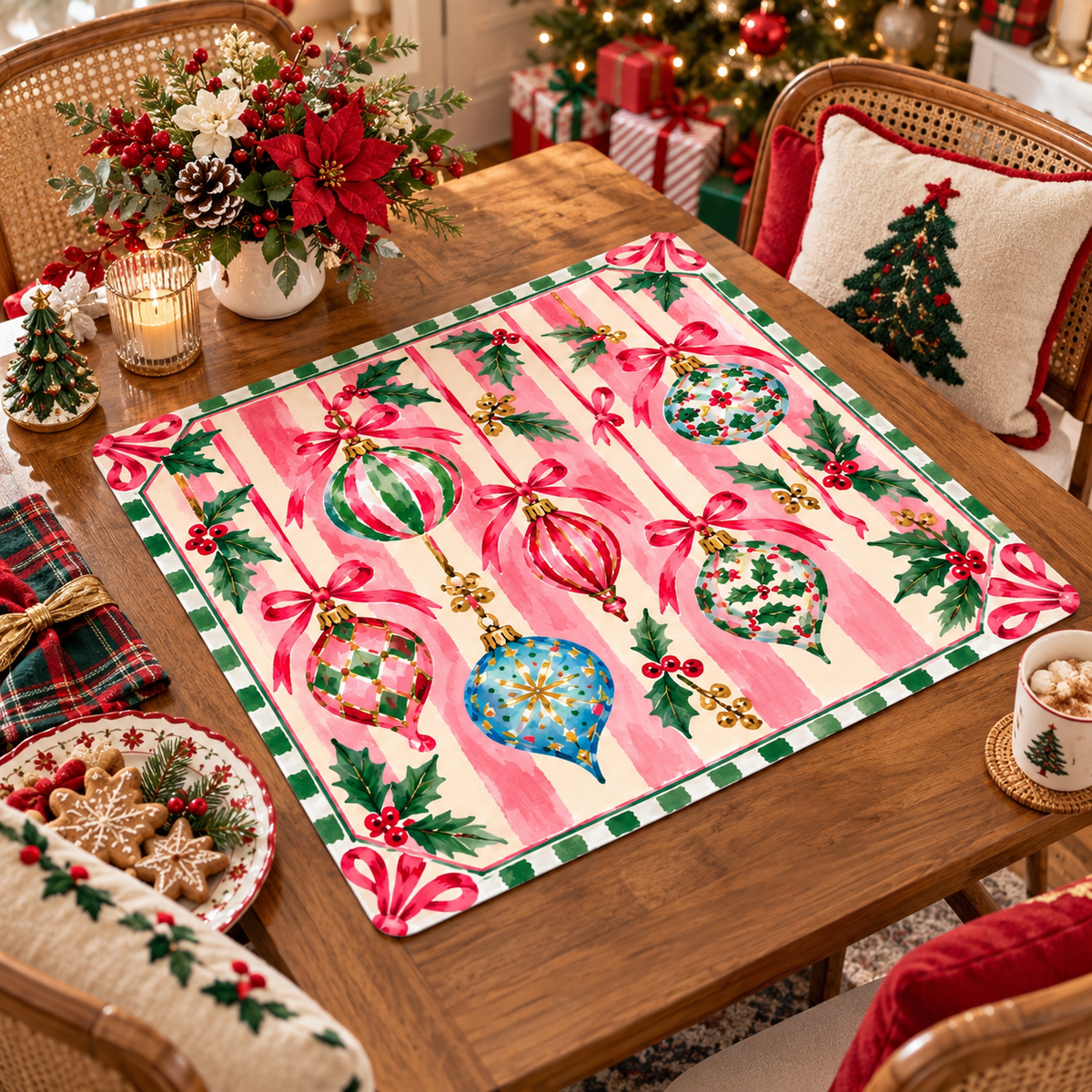 Pink Christmas Ornament Mahjong Mat, Striped Bauble American Mahjong Game Mat, Preppy Bow Holly Holiday Non Slip Cover