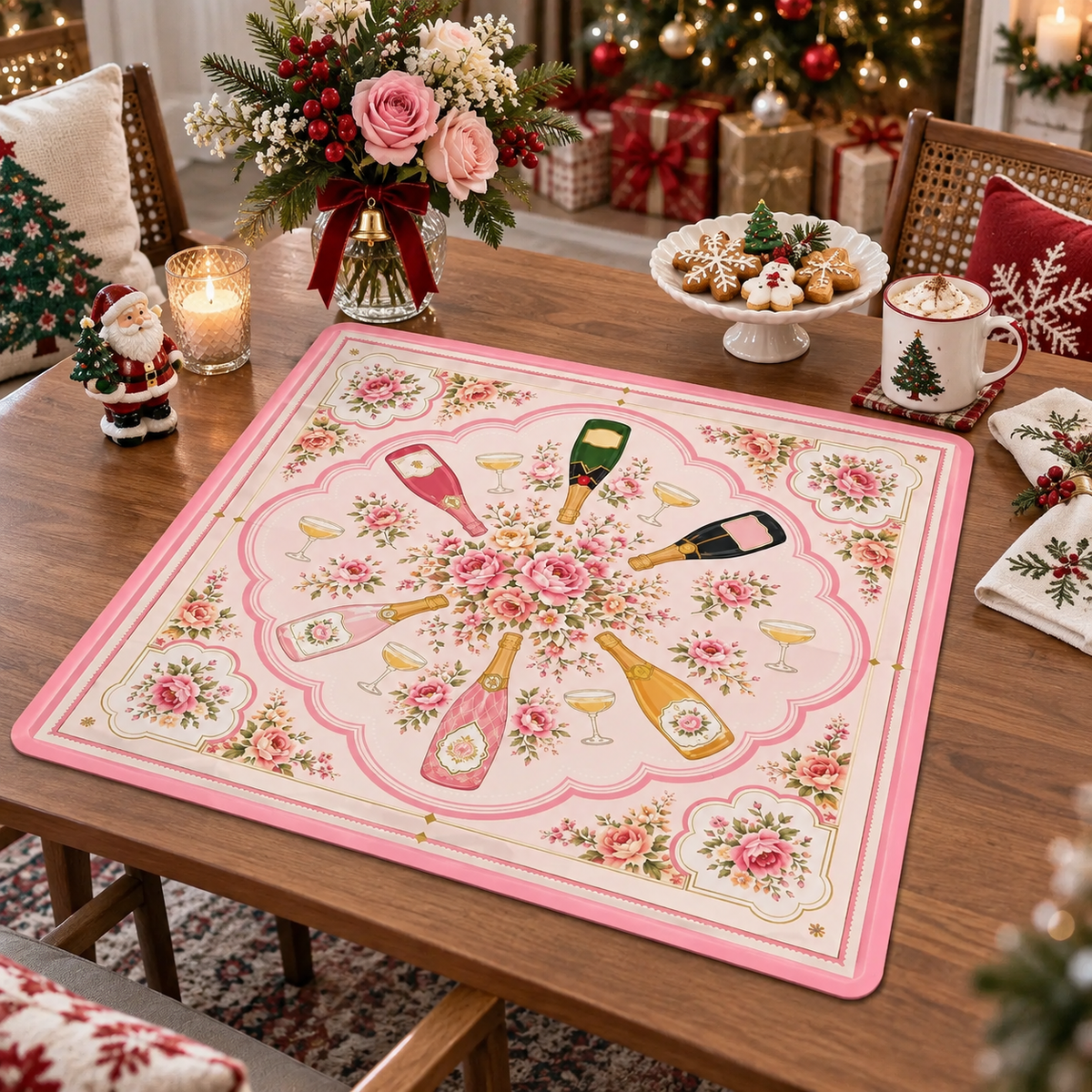 Bams and Bubbly Mahjong Mat, Non Slip American Mahjong Table Cover, Preppy Pink Champagne Celebration Game Night Gift