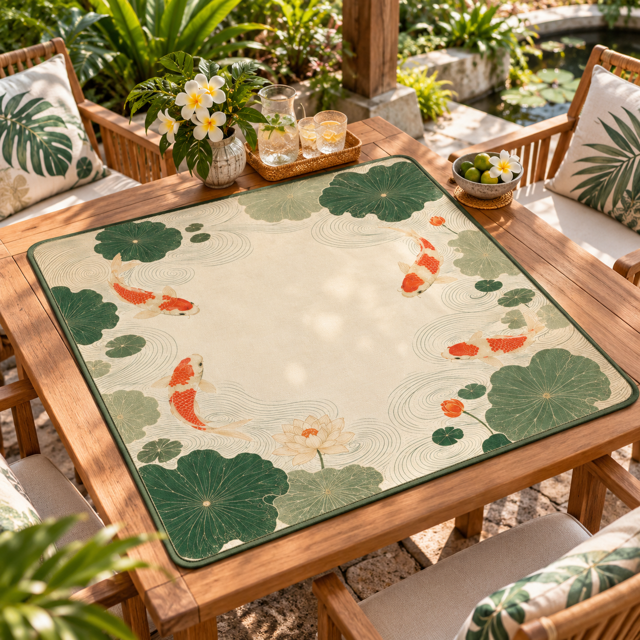 Koi Lotus Mahjong Mat, Water Resistant Mahjong Table Mat, Non Slip Game Mat, Chinese Style Mahjong Mat