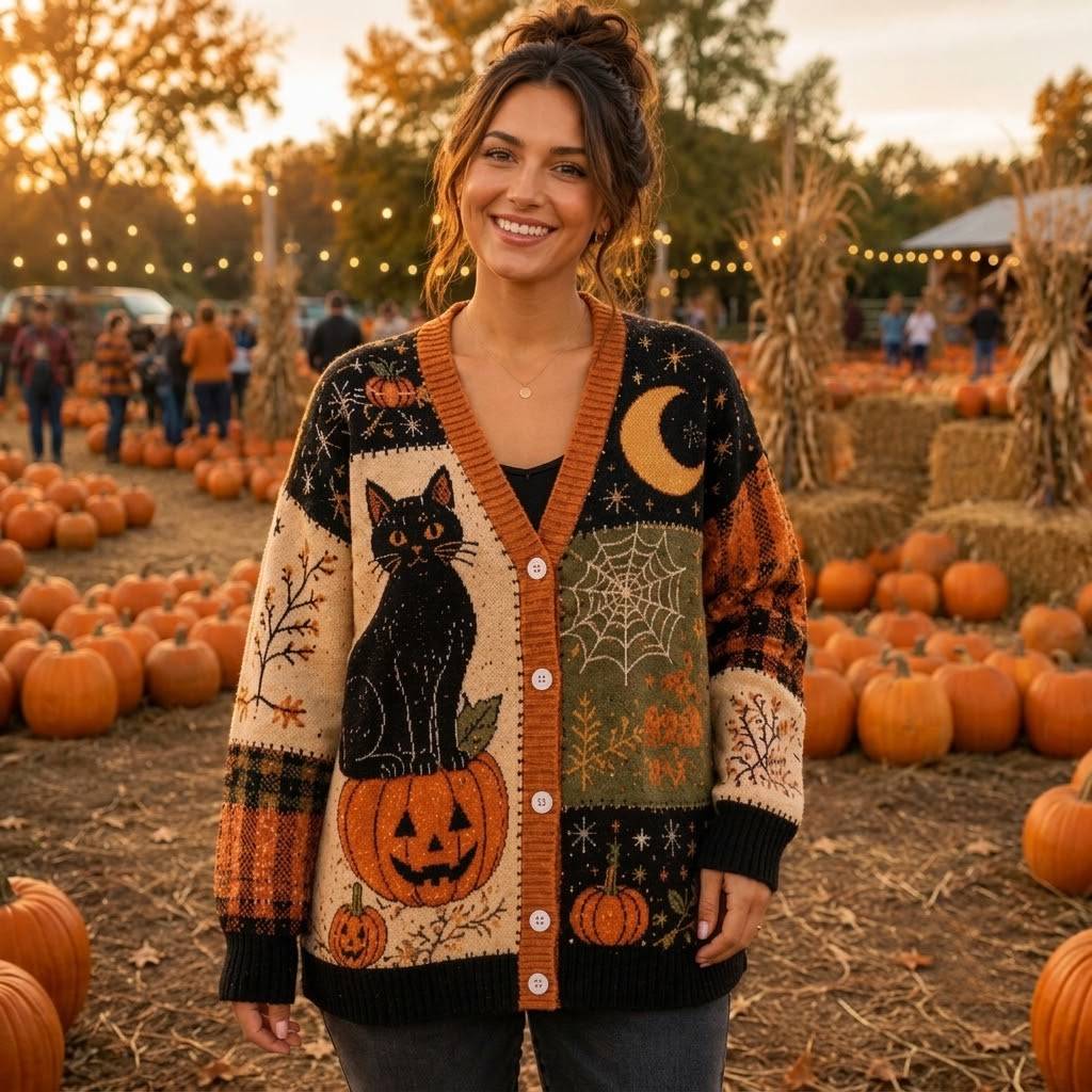 Black Cat Pumpkin Halloween Knit Cardigan, Spiderweb Moon Fall Sweater, Pumpkin Patch Witchy Cardigan, Spooky Cat