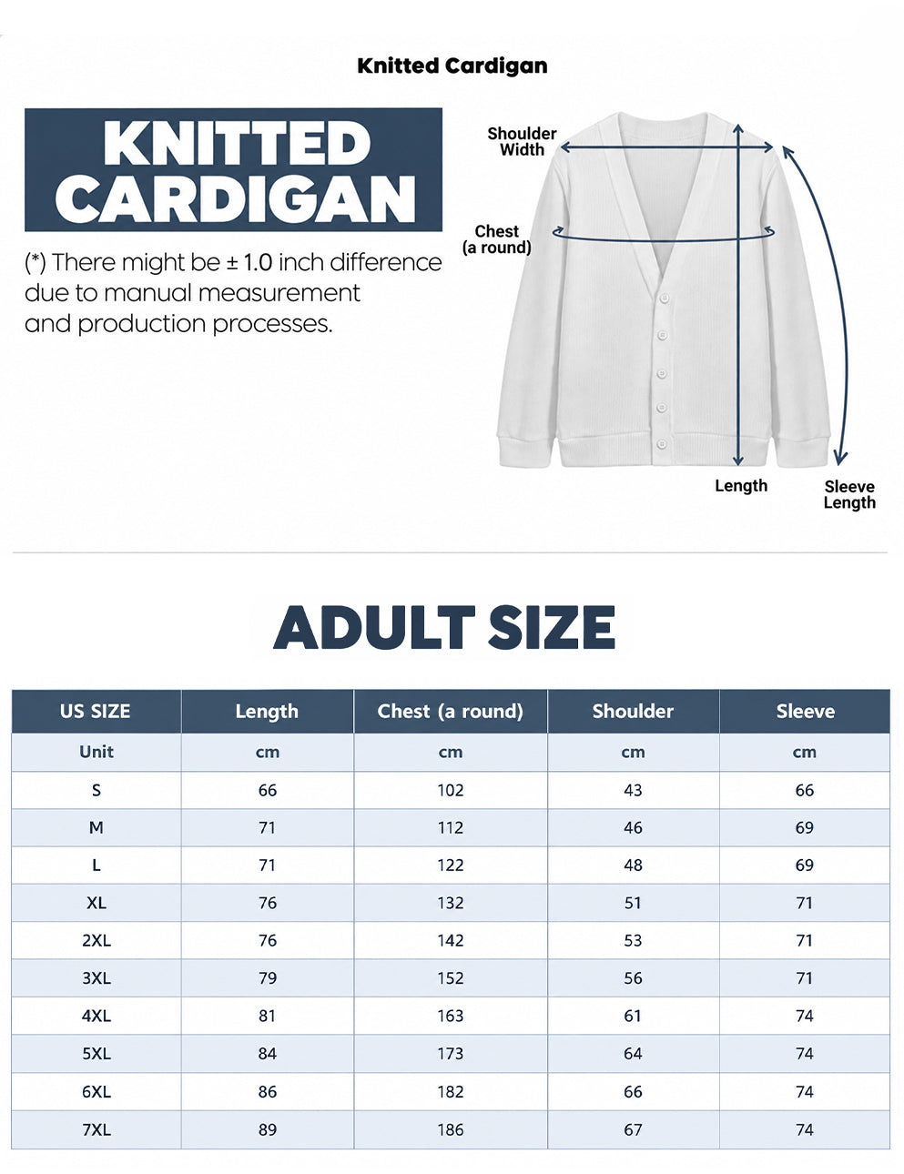 Knitted Cardigan size chart in centimeters