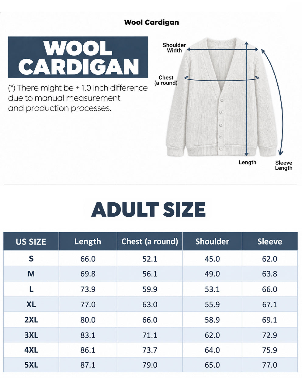Wool Cardigan size chart in centimeters