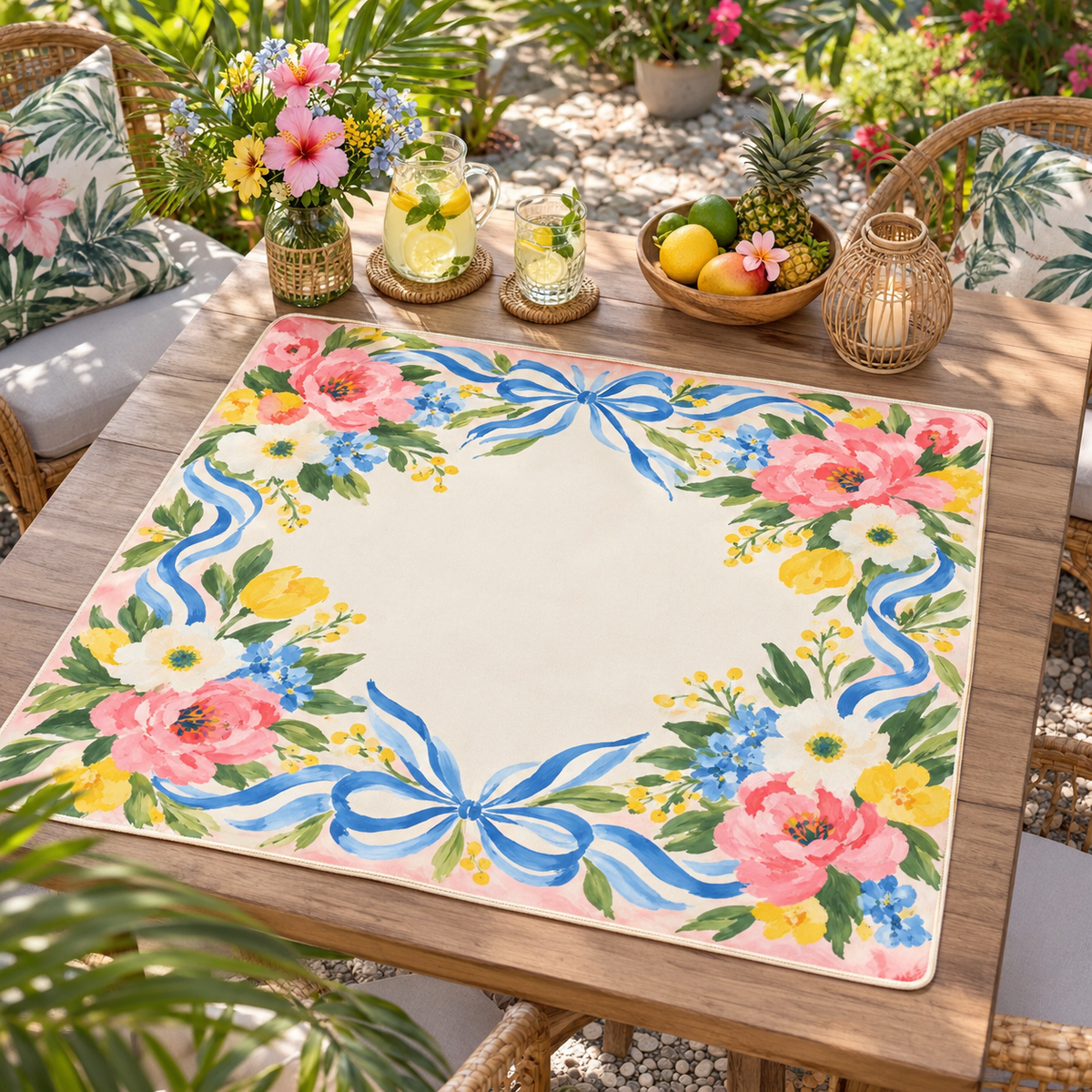 Blue Ribbon Bow Mahjong Mat, Peach Peony Floral Grandmillennial Playmat, American Mahjong Game Night Gift