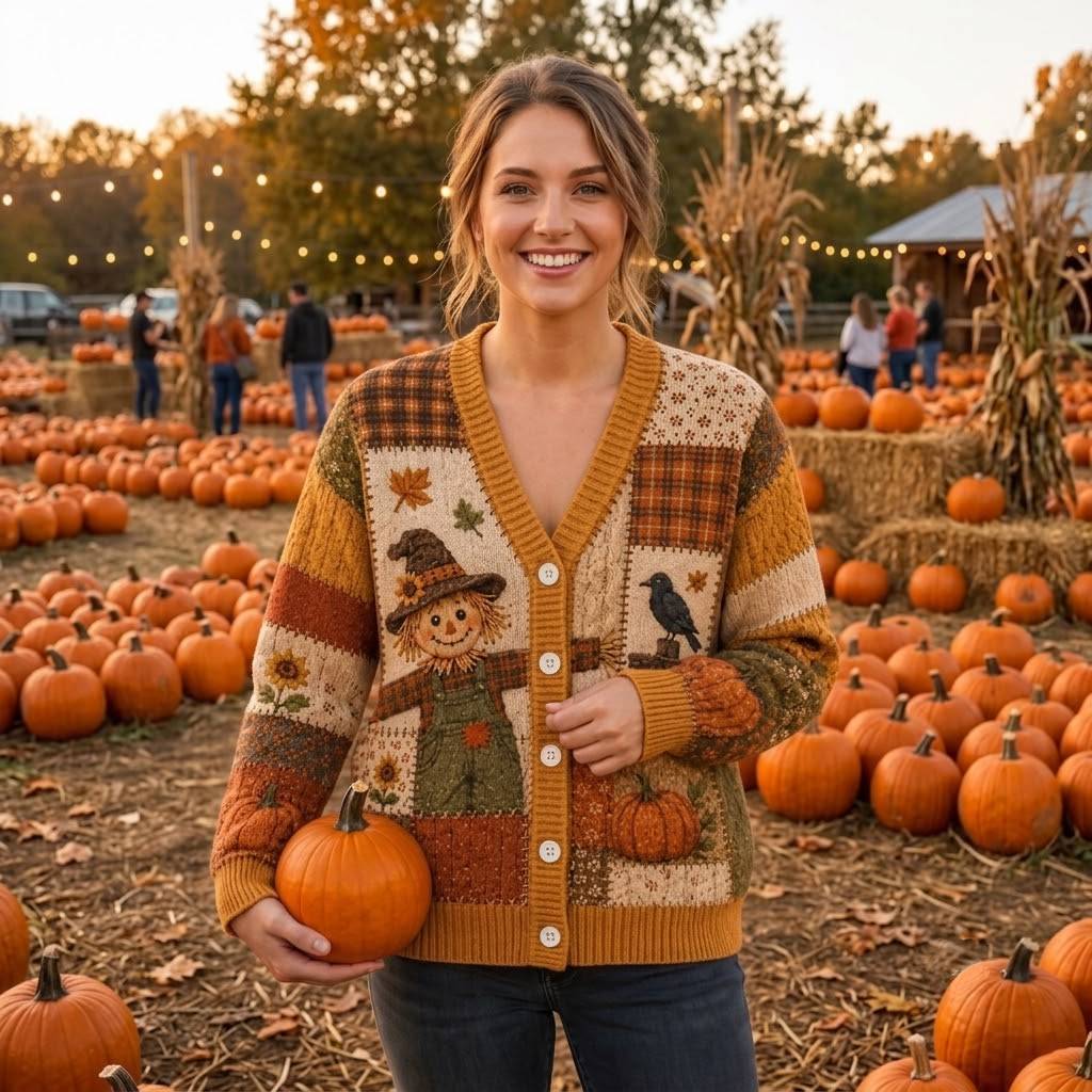 Fall Cardigan for Women, Pumpkin Patchwork Sweater, Halloween Gift, Autumn Harvest Knit, Cozy Thanksgiving Top