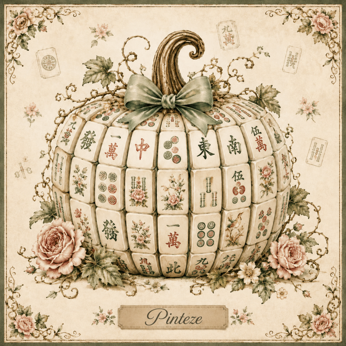 Vintage Mahjong Pumpkin Mat, White Pumpkin Floral Design, Non-Slip Surface