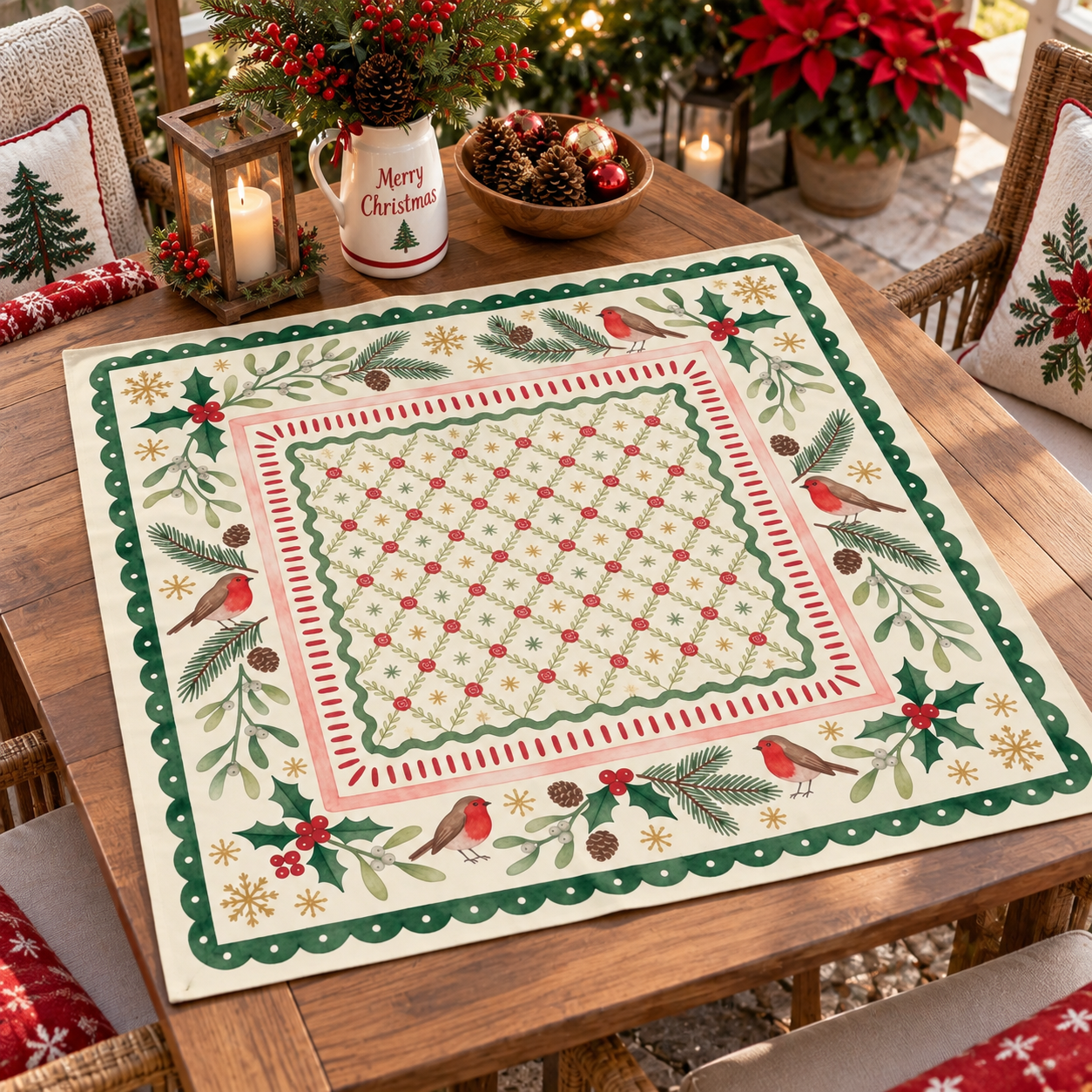 Holly Winterberry Mahjong Mat, Christmas Botanical Game Mat, Colorful Botanical Mahjong Mat