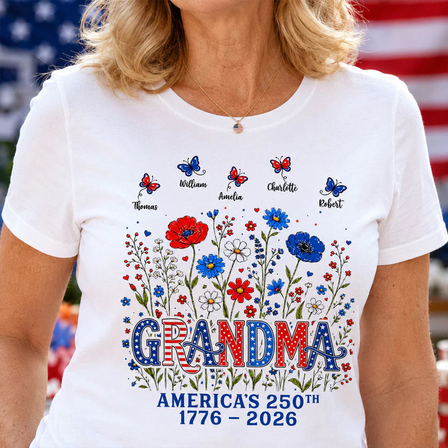 Proud Mom Grandma Nation Flag Flowers American 250th Anniversary - Personalized Shirt - Gift For Mom, Grandma