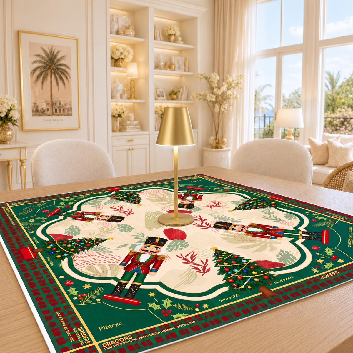 Christmas Nutcracker Mahjong Mat, Red Green Holiday Game Mat, Traditional Christmas Tree Style, Non-slip Table Cover