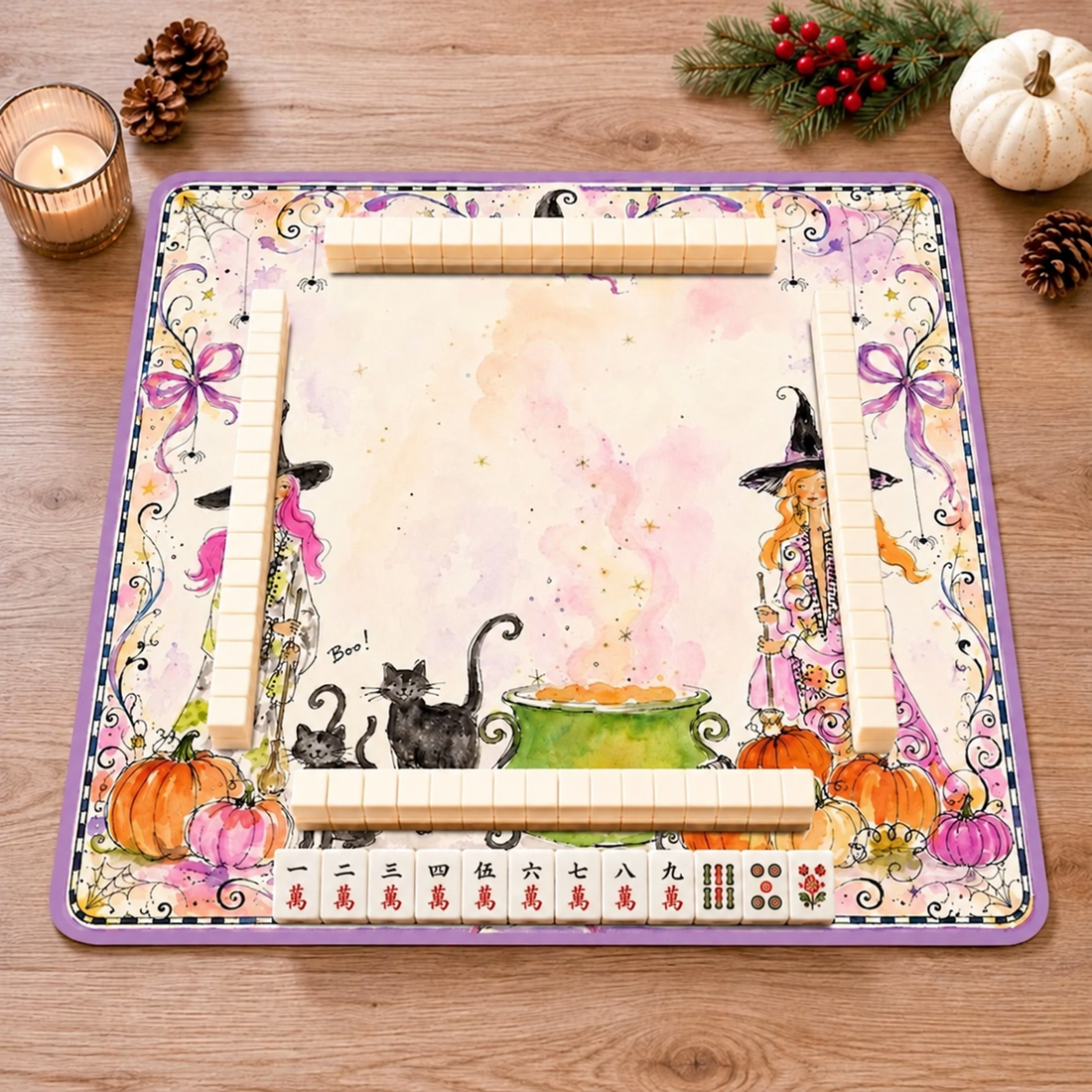 Whimsical Halloween Witches Mahjong Mat, Black Cat Cauldron Purple Bows Table Cover, Spooky Season Game Decor