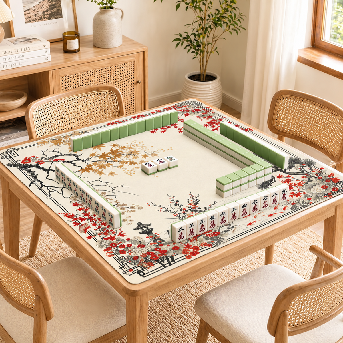 Mahjong Mat, Japanese Maple Koi Mah Jongg Table Topper, Non-Slip Game Mat, Autumn Garden