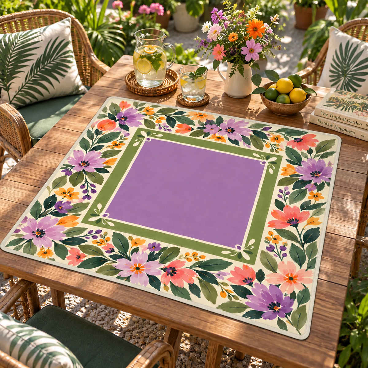 Purple Wildflower Mahjong Mat, Non Slip American Mahjong Table Cover, Lavender Folk Garden Olive Green Game Night Gift